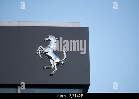 Closeup of the Ferrari  Cavallino Rampante, or Prancing Horse emblem on a car dealership in Vancouver, British Columbia, Canada Stock Photo