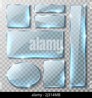 Glass banner or plate, set of realistic vector illustrations. Blank rectangular and round blue acrylic glass panel with reflection and glossy glow iso Stock Vector