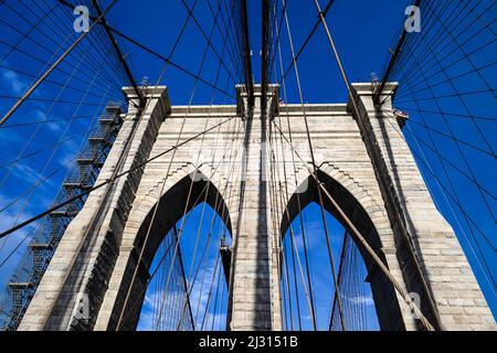 stone tower of the Brooklyn Bridge Stock Photo