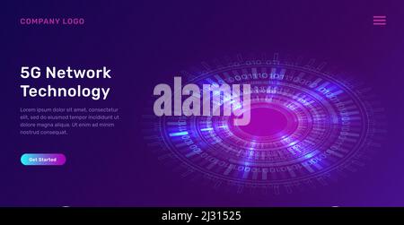 Glowing blue neon ring or futuristic circle with digital binary code, concept vector tech illustration. Hightech optical radiant effect on ultraviolet Stock Vector