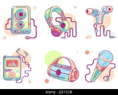 Music audio icons, vector line art set. Modern color pictogram collection of music devices, subwoofer, portable speaker, music player with in-ear head Stock Vector