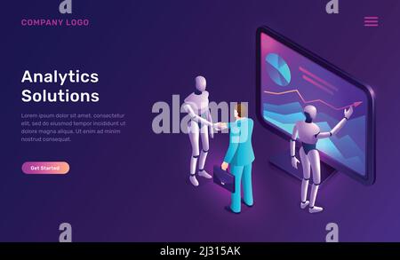Data analysis or analytics solutions, isometric concept vector illustration. Two artificial intelligence robots or cyborgs analyze information on tabl Stock Vector