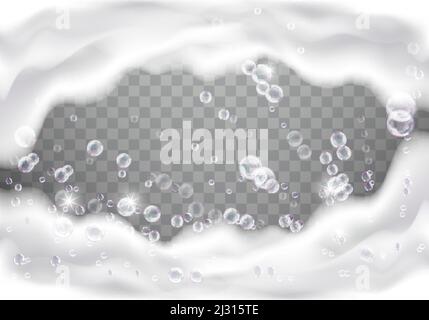 Bath foam realistic vector illustration on transparent background. White soap suds with rainbow air bubbles, shampoo bubbles or foaming detergent text Stock Vector