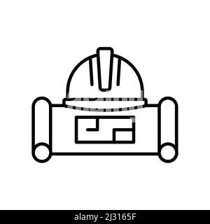 Engineering project line icon. linear style sign for mobile concept and web design. Hard hat and blueprint plan outline vector icon. Symbol, logo illu Stock Vector
