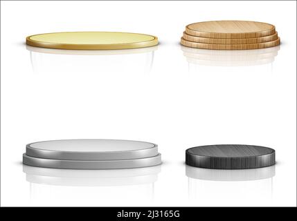 Wooden cutting board or tray, set of realistic vector illustrations. Natural, eco-friendly kitchen utensils made of wood, side view isolated on white Stock Vector