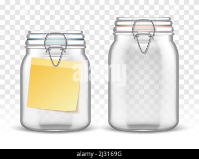 Glass bale jars with paper note, realistic vector illustration. Empty closed transparent mason bottle with swing top lid and yellow blank sticker labe Stock Vector