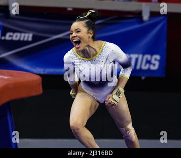 Norman, OK, USA. 2nd Apr, 2022. California's Maya Bordas celebrates after he vault during the Finals of the NCAA Women's Gymnastics Norman Regional at the Lloyd Noble Center in Norman, OK. Kyle Okita/CSM/Alamy Live News Stock Photo