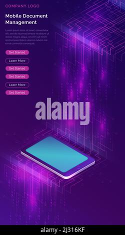 Mobile document manager business concept vector isometric illustration. Smartphone in information waterfall or big data stream on purple ultraviolet b Stock Vector
