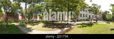 CAMBRIDGE, MA, USA - SEPTEMBER 13, 2017: Students and tourists rest in lawn chairs in Harvard Yard, the open old heart of Harvard University campus  i Stock Photo