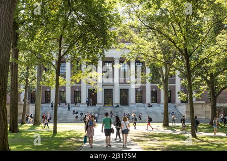 CAMBRIDGE, MA, USA - SEPTEMBER 13, 2017: Students and tourists rest in lawn chairs in Harvard Yard, the open old heart of Harvard University campus  i Stock Photo