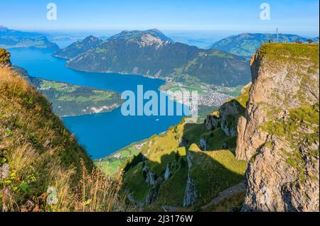 View from the Fronalpstock on Lake Lucerne and the Rigi in the morning light, Morschach, Glarner Alps, Canton of Schwyz, Switzerland Stock Photo