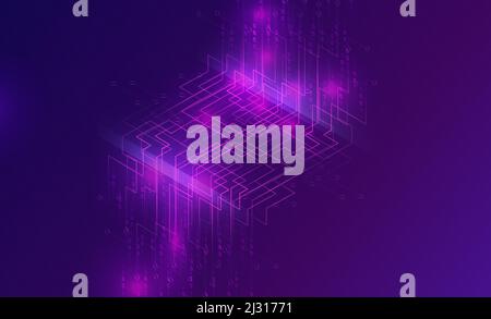 Big data waterfall or cascade, digital binary code data flow analysis visualization, isometric vector illustration. Ultraviolet horizontal banner with Stock Vector