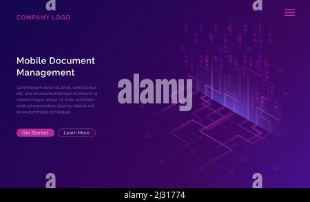 Big data waterfall or cascade, digital binary code data flow analysis visualization, isometric vector illustration. Ultraviolet horizontal banner with Stock Vector