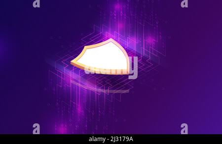 Electronic security business concept vector isometric illustration. White-gold shield over electronic data stream or waterfall, protection and informa Stock Vector