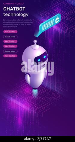 Chatbot technology isometric concept vector illustration. Website landing page with artificial intelligence, robot figure and text bubble or message i Stock Vector