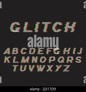 Glitch font or distorted abc, trendy latin type set vector illustration. Broken characters, distortion effect of inscription on screen, capital letter Stock Vector