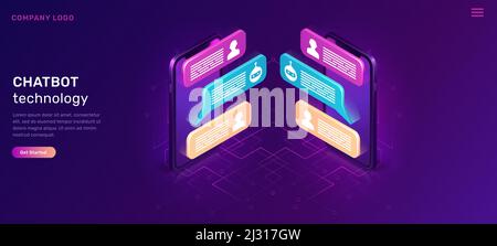 Chat bot or mobile chatting, isometric concept vector illustration. Dialog sms icons or text bubbles on screens of two smartphones facing each other, Stock Vector