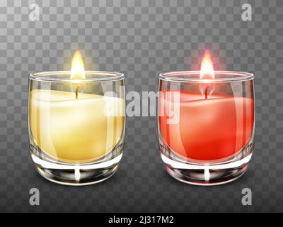 Candle in glass realistic vector illustration. Yellow and red burning candles with transparent clear glass jar isolated on transparent background. Ele Stock Vector