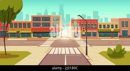 Urban street landscape with crossroad and traffic light, buildings with small shops, cafes and restaurants cartoon vector background, town poster with Stock Vector