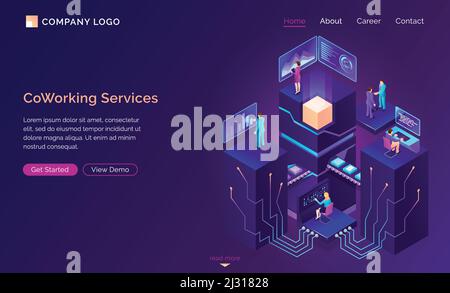 Coworking service isometric concept vector. Modern coworking office with workspaces and employee, large server with connections and conveyor belt with Stock Vector