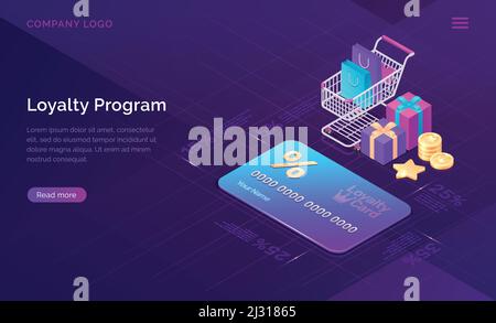 Loyalty program, vector isometric concept. Big discount card with percent, shopping cart and gift boxes and cash coins icons on ultraviolet background Stock Vector
