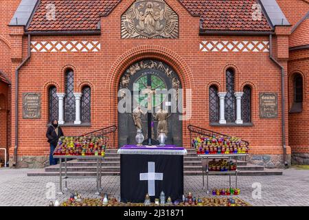 Minsk, Belarus, 04.11.21. The Church of Saints Simon and Helena entrance, known as Red Church on Independence Square in Minsk with altar. Stock Photo