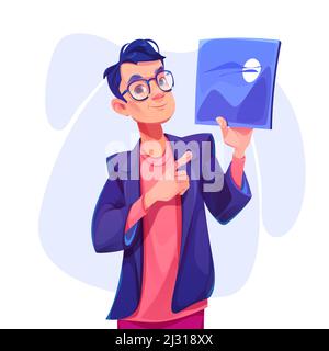 Illustrator or designer male character holding digital tablet in hand pointing on picture. Creative person develop painting project, man artist, graphic design profession, Cartoon vector illustration Stock Vector