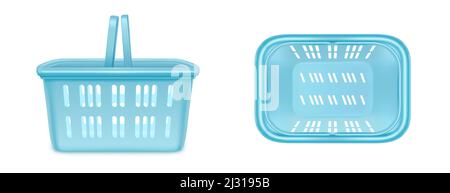 Supermarket basket, blue shopping cart in top and side view. Vector realistic mock up of empty plastic hamper with handles for purchase in market and shop isolated on white background Stock Vector