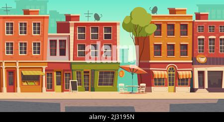 Urban street landscape with small shops and residential buildings, cartoon vector background. Cityscape with pavement, facades of cafes, restaurant an Stock Vector