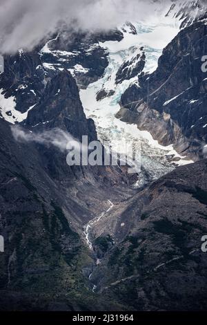 Glacier tongue at Cuernos del Paine mountain range, Torres del Paine National Park, Patagonia, Última Esperanza Province, Chile, South America Stock Photo