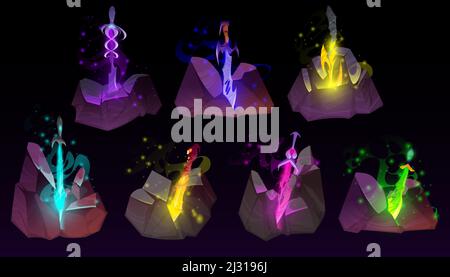 Set of sword in stone, Arthur king excalibur weapon stuck in rock. Game medieval. alchemy or magic steel blades with glowing sparks, camelot legend or myth design elements, Cartoon vector illustration Stock Vector