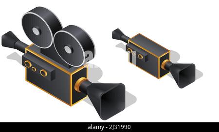 Retro movie camera isometric icons, cartoon vector illustration. Video camera with reels of film, equipment for video recording Stock Vector