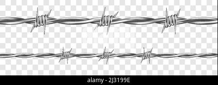 Metal steel barbed wire with thorns or spikes realistic vector illustration isolated on transparent background. Fencing or barrier element for danger Stock Vector