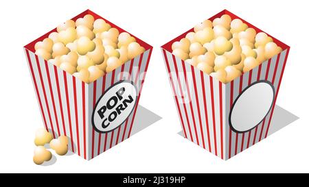 Cinema isometric icon, striped popcorn bucket with shadow cartoon vector illustration isolated on white background. Movie industry element, white and Stock Vector
