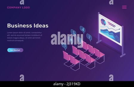 Business training or ideas isometric concept vector illustration. Empty class for corporate seminar, conference or staff training, board with graphs, Stock Vector