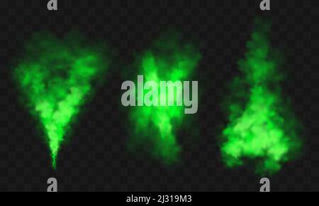 Green smoke, unpleasant bad smell, toxic gas realistic vector illustration. Green stink cloud, smog or chemical vapor, stench haze color spray set iso Stock Vector