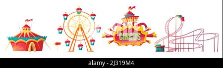 Amusement park, carnival or festive fair cartoon vector illustration. Rollercoaster, circus tent and ferris wheel, elements for children summer fun is Stock Vector
