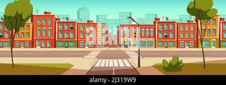 Urban street landscape with crossroad and traffic light, buildings with small shops, cafes and restaurants cartoon vector background, town poster with Stock Vector