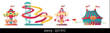 Amusement park, carnival or festive fair cartoon vector illustration. Circus tent arrow pointer, carousel, merry-go-round and waterslide, elements for Stock Vector