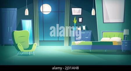 Bedroom interior at night cartoon vector illustration. Comfortable living room interior in moonlight with double bed, wardrobe and mirror, cozy house Stock Vector