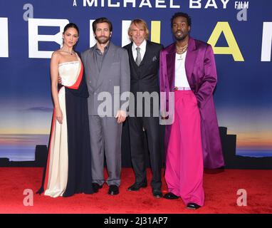 Eiza Gonzalez, Jake Gyllenhaal, Michael Bay and Yahya Abdul-Mateen II arriving to the ‘Ambulance’ Los Angeles Premiere at Academy Museum on April 04, 2022 in Los Angeles, CA. © OConnor/AFF-USA.com Credit: AFF/Alamy Live News Stock Photo