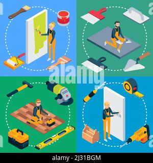 Vector flat isometric renovation poster banner set Stock Vector