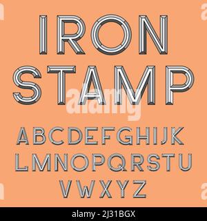 Metal stamp font retro vector illustration. Set of unique decorative 3D type, capital calligraphic alphabet, typography letterpress isolated on backgr Stock Vector