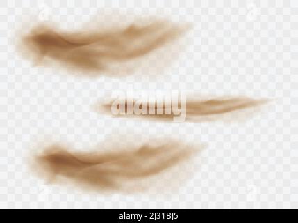 Desert sandstorm set, brown dusty clouds or dry sand flying with gust of wind, explosion collection realistic texture vector illustration isolated on Stock Vector