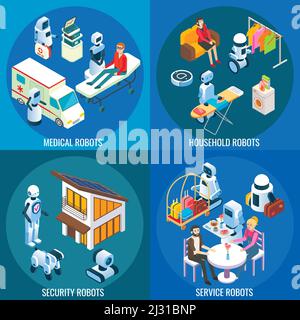 Vector isometric medical, home and service robots Stock Vector
