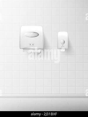 Dispenser for liquid soap and paper towels on tiled wall, realistic vector. White equipment for public toilets, hygiene care and clean hands, soap pum Stock Vector