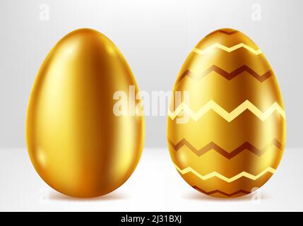 Golden eggs realistic vector set illustration. Shining Easter eggs from gold metal decorated with elegant pattern, festive gift with shadow and reflec Stock Vector