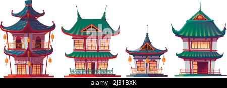 Chinese house building cartoon vector illustration. Traditional China or Japan architecture, characteristic city buildings, pagoda, religious temple o Stock Vector