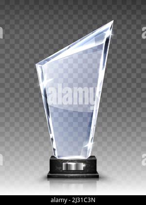 Glass award trophy or winner prize realistic vector illustration. Transparent crystal plate or blank acrylic frame on black marble pedestal, isolared Stock Vector