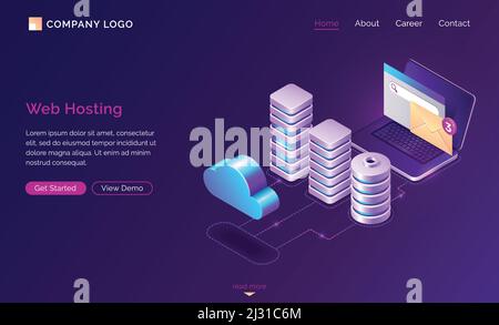 Web hosting, isometric concept vector web banner. 3D server icons, open laptop with unread message envelope, computing cloud and connections on ultrav Stock Vector